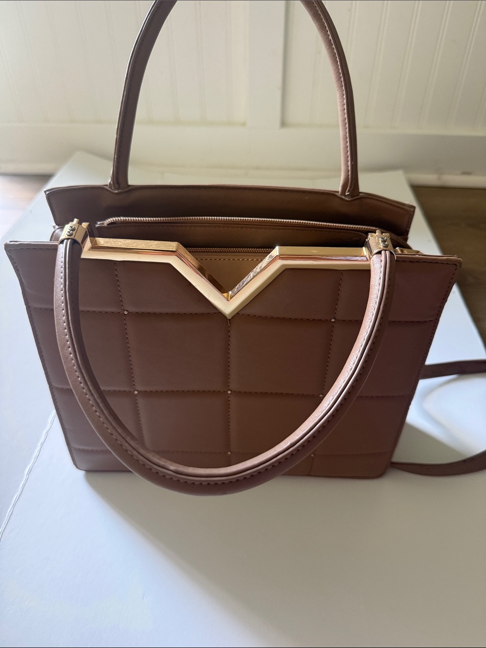 Structured Quilted Satchel in Brown with Gold Accent